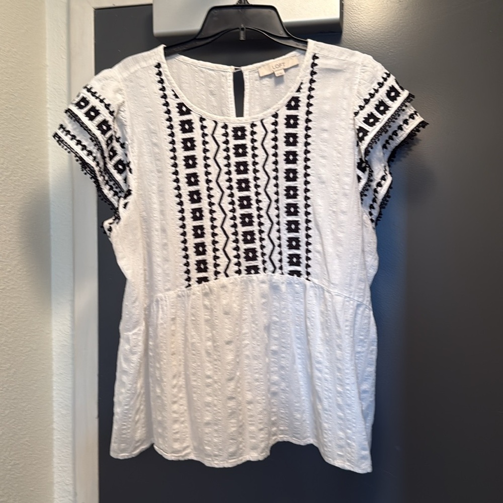 LOFT White Embroidered Top with Black Embroidery Double Ruffles Peplum XXL